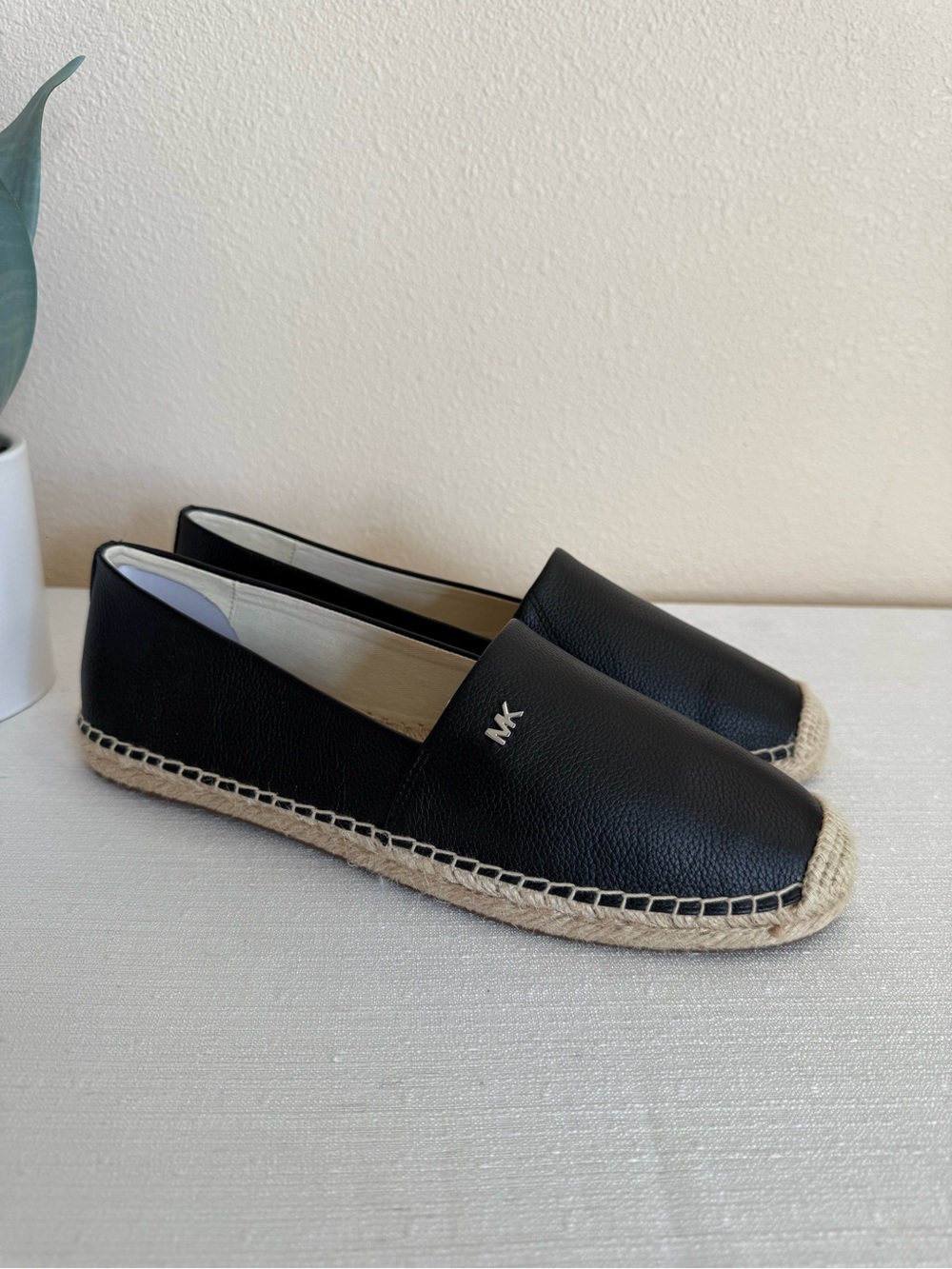 New Michael Kors Black Leather Espadrille Slip-Ons with MK Logo